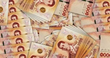 Tayland Baht banknotları nakit fan mozaik model döngüsü içinde. Tayland 1000 THB banknotları. Soyut banka, finans, ekonomi kusursuz ve döngülü dekoratif tasarım arka planı kavramı. 
