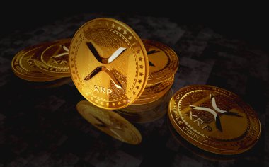 Dalgalanan XRP kripto altın para yeşil ekran arka planda. Soyut konsept 3d illüstrasyon.