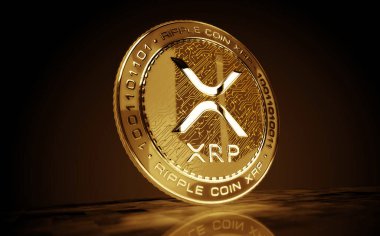 Dalgalanan XRP kripto altın para yeşil ekran arka planda. Soyut konsept 3d illüstrasyon.