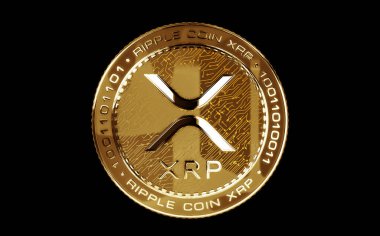 Dalgalanan XRP kripto para birimi yeşil ekran arka planında altın madeni parayı izole etti. Soyut konsept 3d illüstrasyon.