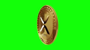 Dalgalanan XRP kripto para birimi yeşil ekran döngülü arka planda altın madeni parayı izole etti. Dönen altın metal döngüsü soyut kavram. 3B döngü kusursuz canlandırma.