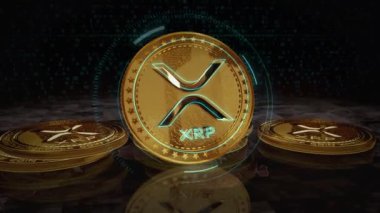 Dalgalanan XRP kripto altın sikke dönüşü. Kamera 3 boyutlu metal parlaklıklar etrafında döner. Fintech, çevrimiçi ödeme ve dijital işlem soyut kavramı.