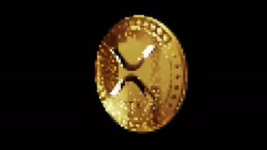 Ripple XRP şifreleme altın sikkesi retro piksel mozaik 80 'ler tarzında. Dönen altın metal döngüsü soyut kavram. 3B döngü kusursuz döngü.