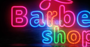 Berber dükkanı neon sembolü. Retro stil berber, kuaför ve ampuller. Soyut konsept 3d illüstrasyon.