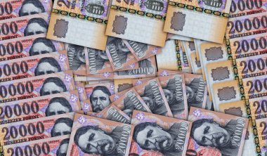 Macar Forint nakit hayran mozaiği şeklinde banknotlar halinde. Macaristan 20.000 HUF banknotları. Soyut banka, finans, ekonomi dekoratif tasarım konsepti 3d illüstrasyon.