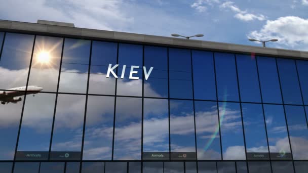 Ukrayna Kiev Inen Uçak Animasyon Yapıyor Cam Havaalanı Terminali Jet — Stok video