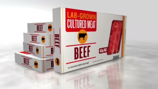 Gekweekte Vlees Lab Gekweekte Doos Synthetisch Rundvlees Uit Biotech Wetenschapspakket — Stockvideo