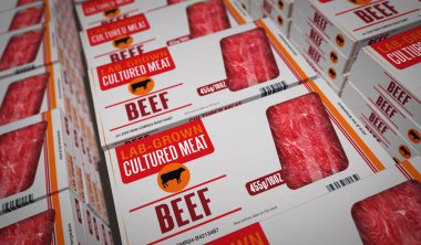 Kültürlü et laboratuarı kutu üretim hattı. Biyoteknoloji bilim paketi fabrikasından sentetik sığır eti. Soyut konsept 3D resimleme.