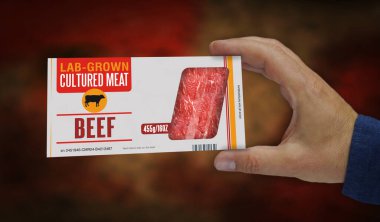 Kültürlü, laboratuvar yapımı bir kutu. Biyoteknoloji bilim paketi fabrikasından sentetik sığır eti. Soyut konsept 3D resimleme.