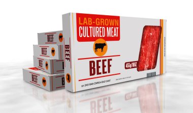 Kültürlü et laboratuarı kutu üretim hattı. Biyoteknoloji bilim paketi fabrikasından sentetik sığır eti. Soyut konsept 3D resimleme.