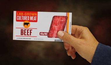 Kültürlü, laboratuvar yapımı bir kutu. Biyoteknoloji bilim paketi fabrikasından sentetik sığır eti. Soyut konsept 3D resimleme.