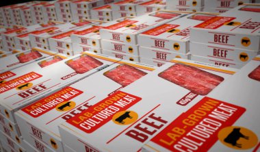 Kültürlü et laboratuarı kutu üretim hattı. Biyoteknoloji bilim paketi fabrikasından sentetik sığır eti. Soyut konsept 3D resimleme.