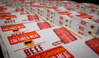 Kültürlü et laboratuarı kutu üretim hattı. Biyoteknoloji bilim paketi fabrikasından sentetik sığır eti. Soyut konsept 3D resimleme.