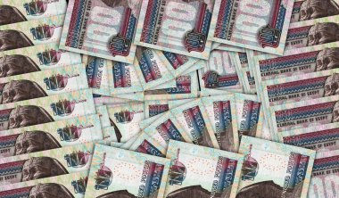Mısır banknotları nakit fan mozaiğinde. Mısır 100 EGP notası. Soyut banka, finans, ekonomi dekoratif tasarım konsepti 3d illüstrasyon.