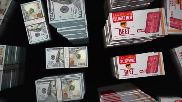 Tenyésztett Hús Labor Által Termesztett Doboz Angol Dollárból Készült Pénzkötegekkel — Stock videók
