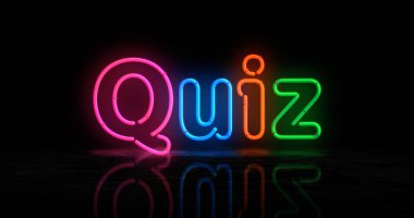 Sınav neon sembolü. Retro tarzı soru ve yarışma oyunu renkli ampulleri. Soyut konsept 3d illüstrasyon.