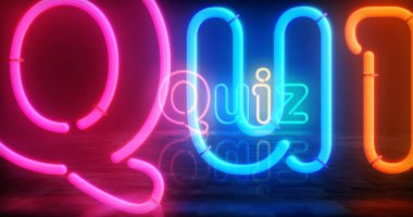 Sınav neon sembolü. Retro tarzı soru ve yarışma oyunu renkli ampulleri. Soyut konsept 3d illüstrasyon.