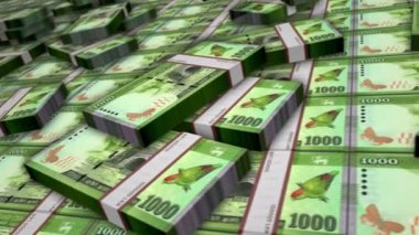 Sri Lanka parası Sri Lanka Rupee banknot döngüsü. 1000 LKR para yığını. İş, ekonomi, bankacılık ve finans kavramı. Para paketlerinin üzerinde kamera var. Döngüsüz 3D canlandırma.