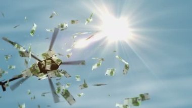 Euro banknotları helikopter parası düşüyor. Avrupa Birliği 100 EUR 'luk soyut 3d enflasyon, para basma, finans, ekonomi, kriz ve niceliksel kolaylık kavramı.