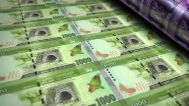 Sri Lanka parası Sri Lanka Rupisi para basım makinesi döngüsü. Kağıt LKR banknot baskısı 3D döngü kusursuz. Soyut bankacılık, borç, finans, ekonomi ve kriz kavramı.