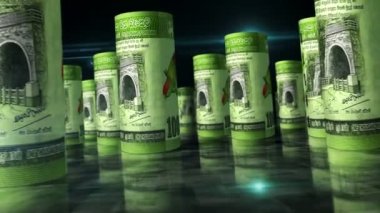 Sri Lanka parası Sri Lanka rulolar 3D animasyon döngüsü. Masada para var. Kusursuz ve döngüsüz soyut ekonomi, finans, iş ve durgunluk kavramı. LKR arasındaki kamera banknotları yuvarladı.