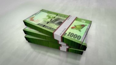 Sri Lanka parası Sri Lanka Rupi para yığını. Ekonomi, bankacılık, iş, kriz, durgunluk, borç ve finans konularının kavramı. 1000 LKR banknotları 3D animasyon yığınları.