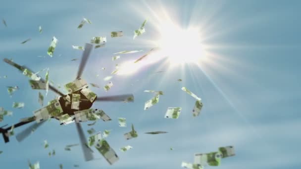 ユーロ紙幣ヘリコプターのお金が落ちる 欧州連合100ユーロは インフレ 貨幣印刷 危機及び量的緩和の抽象的な3D概念に留意する — ストック動画