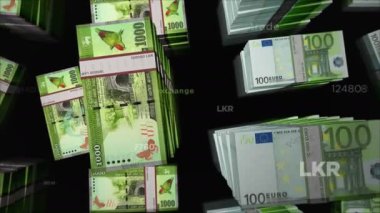 Euro ve Sri Lanka Rupi para değişimi. Kağıt banknotlar tomar tomar. Ticaret, ekonomi, rekabet, kriz, bankacılık ve finans kavramı. Döngüsüz 3D canlandırma notaları.