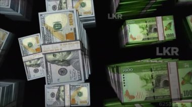 Amerikan Doları ve Sri Lanka Rupisi para değişimi. Banknotlar tomar tomar. Ticaret, ekonomi, rekabet, kriz, bankacılık ve finans kavramı. Döngüsüz 3D notalar.