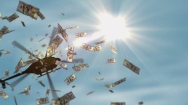 Dolar banknotları helikopter parası düşüyor. ABD 100 $'lık banknotlar soyut 3D enflasyon, para basma, finans, ekonomi, kriz ve niceliksel kolaylık kavramı.