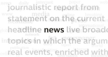 Haber başlıkları uluslararası medyada aşırı bilgi yoğunluğu ve kaygı yaratıyor. Ekranlardaki internet haber başlıklarının soyut kavramı. Kusursuz ve döngülü animasyon.