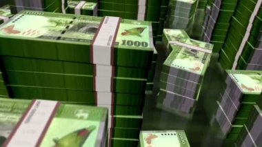 Sri Lanka parası Sri Lanka Rupisi para paketleri döngüsü. 3D uçuş, 1000 'den fazla LKR banknotu kuleleri istifliyor. Döngüsüz, soyut iş dünyası, ekonomi krizi ve finans kavramı.