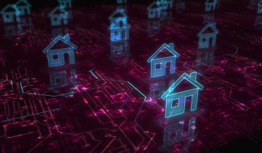 Akıllı ev ağı sistemi, uzaktan kumanda ve iot sembolü dijital konsept. Ağ, siber teknoloji ve bilgisayar arkaplanı soyut 3D resimleme.