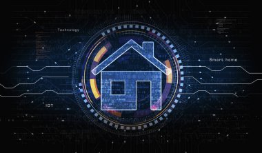 Akıllı ev ağı sistemi, uzaktan kumanda ve iot sembolü dijital konsept. Ağ, siber teknoloji ve bilgisayar arkaplanı soyut 3D resimleme.