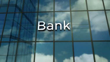 Banka cam bina konsepti. Ön cephede bankacılık, ekonomi, finans ve para sembolü 3D animasyon.