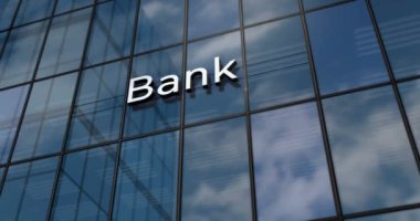 Banka cam bina konsepti. Ön cephede bankacılık, ekonomi, finans ve para sembolü 3D animasyon.