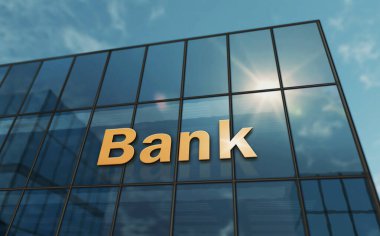 Banka cam bina konsepti. Ön cephede bankacılık, ekonomi, finans ve para sembolü 3D illüstrasyon.