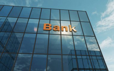 Banka cam bina konsepti. Ön cephede bankacılık, ekonomi, finans ve para sembolü 3D illüstrasyon.