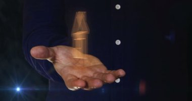 Akıllı ev ağı sistemi, uzaktan kumanda ve insan elinin üzerinde 3D sembol. Siber teknoloji simgesi soyut kavram kusursuz ve döngüsel.