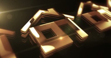 Akıllı ev ağı sistemi, uzaktan kumanda ve altın metal parlak sembol konsepti. Görkemli parlama ve yansıma ışığı ikonu soyut. Kusursuz ve döngülü 3D canlandırma.