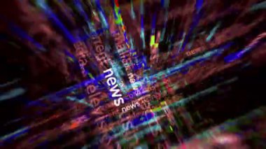 Haber başlıkları uluslararası medyada aşırı bilgi yoğunluğu ve kaygı yaratıyor. Soyut konsept döngü gösterir. Ekranlar arasındaki dinamik uçuş arızasız 3d döngü etkisi ile.