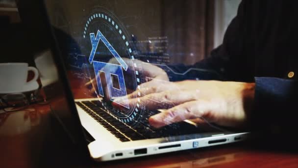 Smart Home Netwerk Systeem Huis Afstandsbediening Iot Symbool Man Typen — Stockvideo