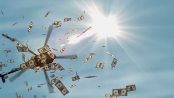 ドル紙幣ヘリコプターのお金が落ちる 米国1米ドルは インフレ 危機及び量的緩和の抽象的な3D概念に留意する — ストック動画