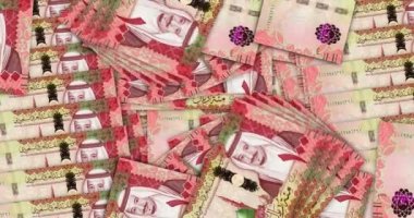 Suudi Arabistan Riyal banknotları nakit hayran mozaiği döngüsünde. 100 SAR notası. Soyut banka, finans, ekonomi kusursuz ve döngülü dekoratif tasarım arka planı kavramı.