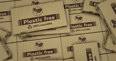 Plastiksiz ve çevre dostu kutu üretimi. Geri dönüşümlü ve ekoloji paketi endüstrisi. Soyut arkaplan kavramı 3d canlandırma canlandırması.