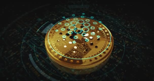 Cardano Ada Cryptocurrency Golden Coin Turning Camera Rotates Metal Glow — 비디오