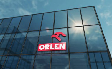 Plock, Poland, January 5, 2023: PKN Orlen headquarters glass building concept. Polish petrol oil gas and energy company symbol on front facade 3d illustration.