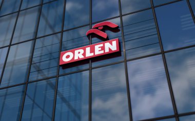 Plock, Poland, January 5, 2023: PKN Orlen headquarters glass building concept. Polish petrol oil gas and energy company symbol on front facade 3d illustration.