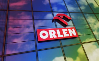Plock, Poland, January 5, 2023: PKN Orlen headquarters glass building concept. Polish petrol oil gas and energy company symbol on front facade 3d illustration.