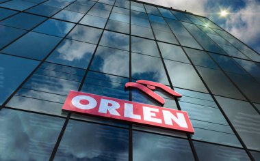 Plock, Poland, January 5, 2023: PKN Orlen headquarters glass building concept. Polish petrol oil gas and energy company symbol on front facade 3d illustration.